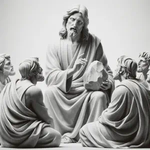 Marble sculpture representing Jesus teaching his disciples with a calm and wise expression.