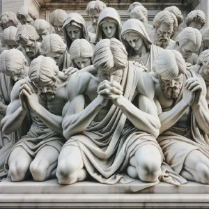 Marble sculpture depicting believers gathered in prayer, hands clasped and heads bowed.