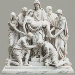 Marble sculpture depicting a group of people acting on their faith, offering help and comfort.