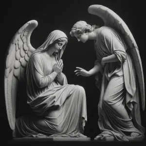 A marble sculpture of the Annunciation, depicting the angel Gabriel visiting Mary.