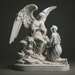 A marble sculpture of the Annunciation scene focusing on Mary&rsquo;s humble acceptance and faith.