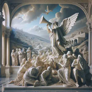 A marble statue depicting a scene in Jerusalem with a voice of hope resonating across the land.