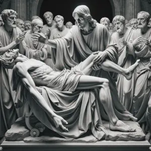 Marble sculpture of Jesus healing a paralyzed man.