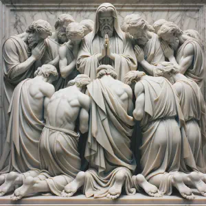 Marble sculpture of people in prayer, showing gratitude.