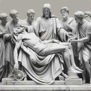 Marble sculpture depicting Jesus healing the paralyzed man, surrounded by his community.