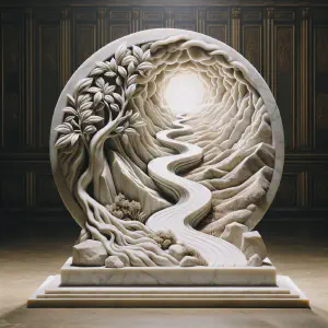 Marble sculpture representing a desert transforming into a lush oasis, symbolizing renewal and growth.