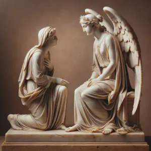 Marble statue depicting the Annunciation scene with Angel Gabriel and Mary.