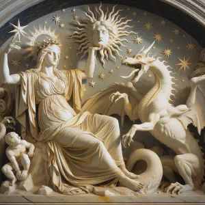 Marble statue representing the Revelation scene with a woman and a dragon.