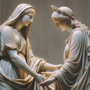 Marble statue of the Visitation scene between Mary and Elizabeth.