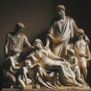 Marble statue depicting a family in a moment of unity and peace.