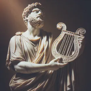 Marble statue of a psalmist with a lyre, portraying inspiration and devotion.