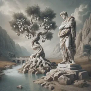 Marble statue of a figure standing by a flourishing tree near water, symbolizing a life nourished by faith.