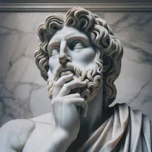 Marble statue of a figure embodying wisdom and discernment, in deep contemplation.