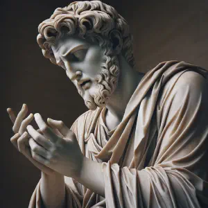 Marble sculpture of a psalmist in prayer.