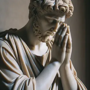 Marble statue of a faithful individual in deep reflection from Psalm 80.