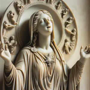 A marble statue of Mary, symbolizing her humility as she sings praises.