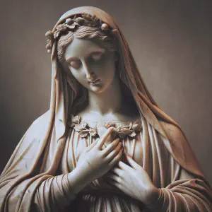 A marble statue representing Mary in a pose of humility and joy.