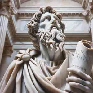 A marble statue of the prophet Jeremiah holding a scroll, symbolizing divine revelation.