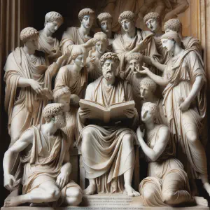 A marble statue depicting a group of people singing a psalm, representing communal worship.