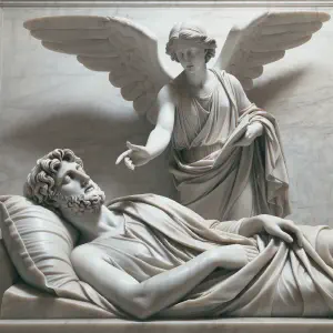 A marble statue showing Joseph dreaming with an angel appearing to him, symbolizing divine guidance.