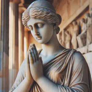 A marble statue of a person in prayer, representing humility and gratitude towards God.