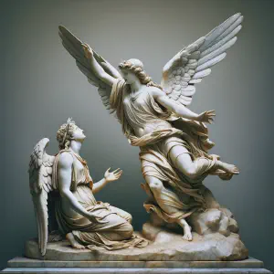 Marble statue depicting Manoah&rsquo;s wife encountering an angel.