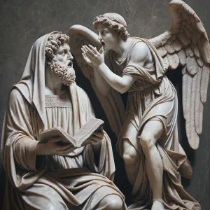 Marble statue of Zechariah performing his priestly duties as an angel appears.