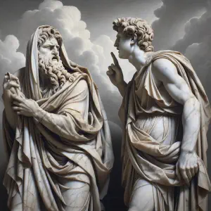 Marble statue depicting the biblical confrontation between Prophet Isaiah and King Ahaz.