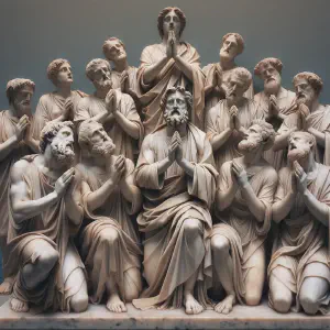 Marble statue showing a group of believers expressing gratitude through prayer.