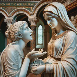 Marble statue showing Elizabeth greeting Mary at her home.