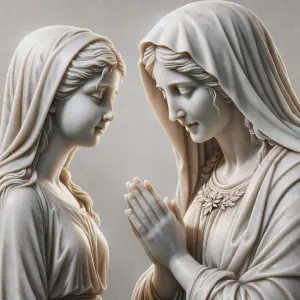 Marble statue depicting the tender encounter between Mary and Elizabeth.