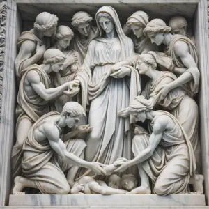 Marble statue showing a community inspired by the teachings of Mary and Elizabeth.