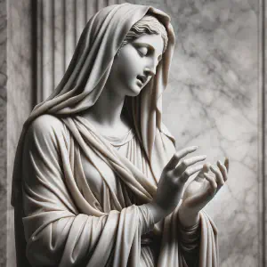 Marble statue of Mary singing the Magnificat, her song of praise.