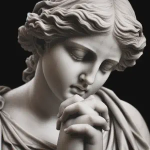 Marble statue of Hannah in deep prayer, expressing her faith.