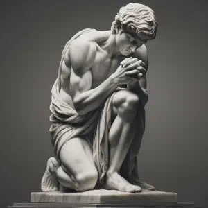 Marble statue representing a person in prayer, embodying humility and grace.