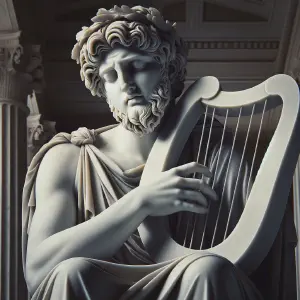 Marble statue of a psalmist in contemplative pose with a lyre.