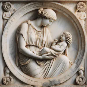 Marble statue depicting Elizabeth naming her newborn son John.