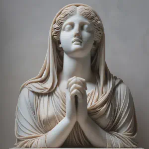 Marble statue of a figure in prayer, symbolizing reverence and devotion.