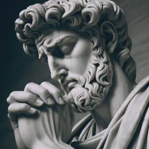 Marble statue of King David in prayer approaching the throne of grace