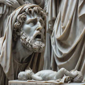 A marble statue depicting shepherds from the Gospel of Luke, showing their awe and devotion.