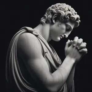 A serene figure in ancient Greek marble, symbolizing prayer and gratitude to the Heavenly Father.