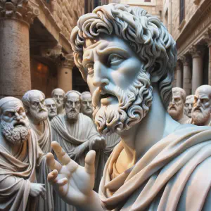 Marble sculpture of Stephen engaging in debate in Jerusalem.