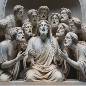 A marble statue depicting disciples witnessing the Word made flesh in a biblical setting.