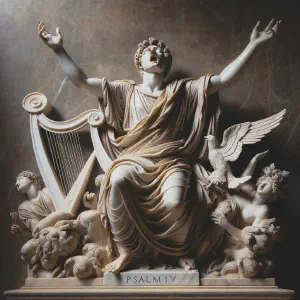 An ancient Roman marble statue of a psalmist in divine inspiration, singing praises.