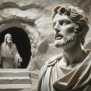 A marble statue capturing a disciple stepping into the empty tomb, realizing the truth of the Resurrection.